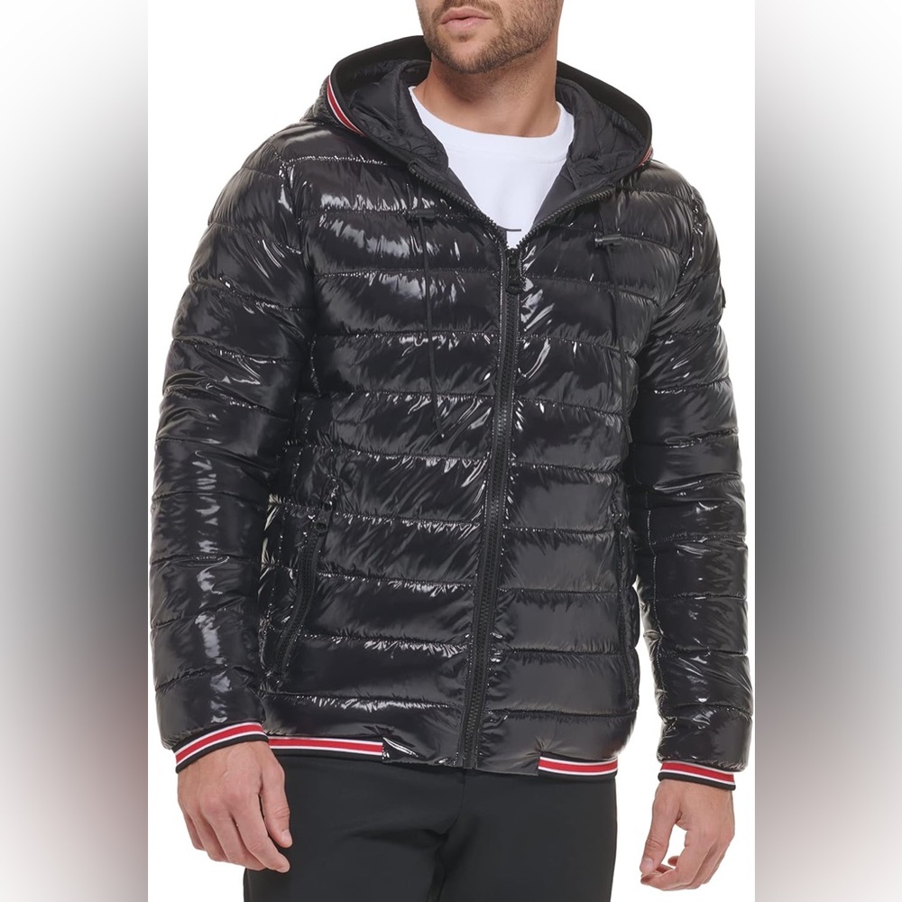 🆕 Calvin Klein Men's Size Large Hooded Super Shine Black Puffer Jacket